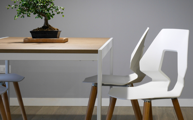 A table with a plant on it and 2 white chairs